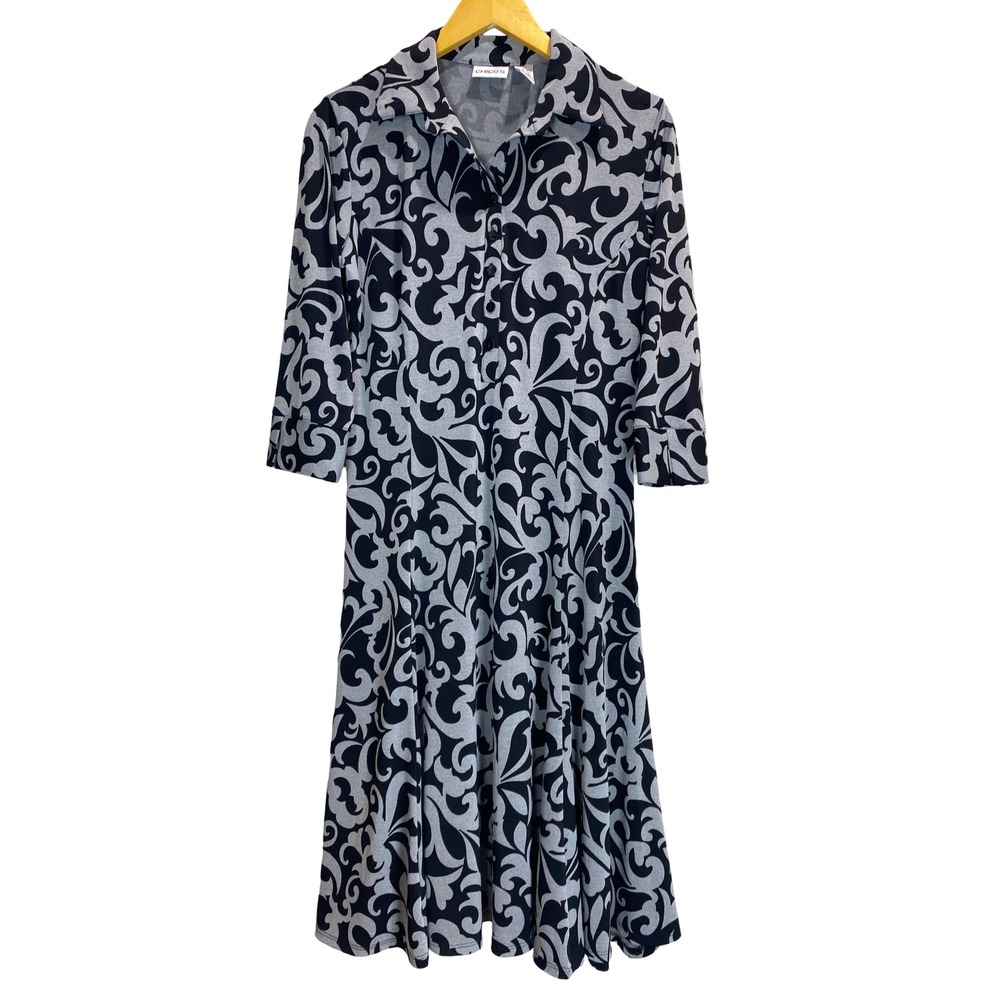 Chicos Womens Black Grey Scroll Damask Print Button Front Midi Dress Size 1 M